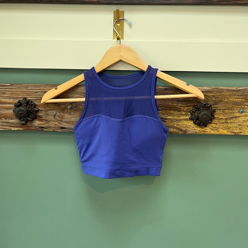 Stori Womens High Neck Mesh Panel Sports Bra Crop Top Royal Blue Sleeveless